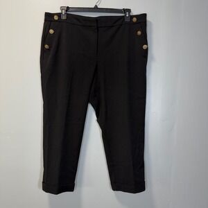 LOFT Curvy Sailor Crop Pants Black Gold Crest Button Trousers Business